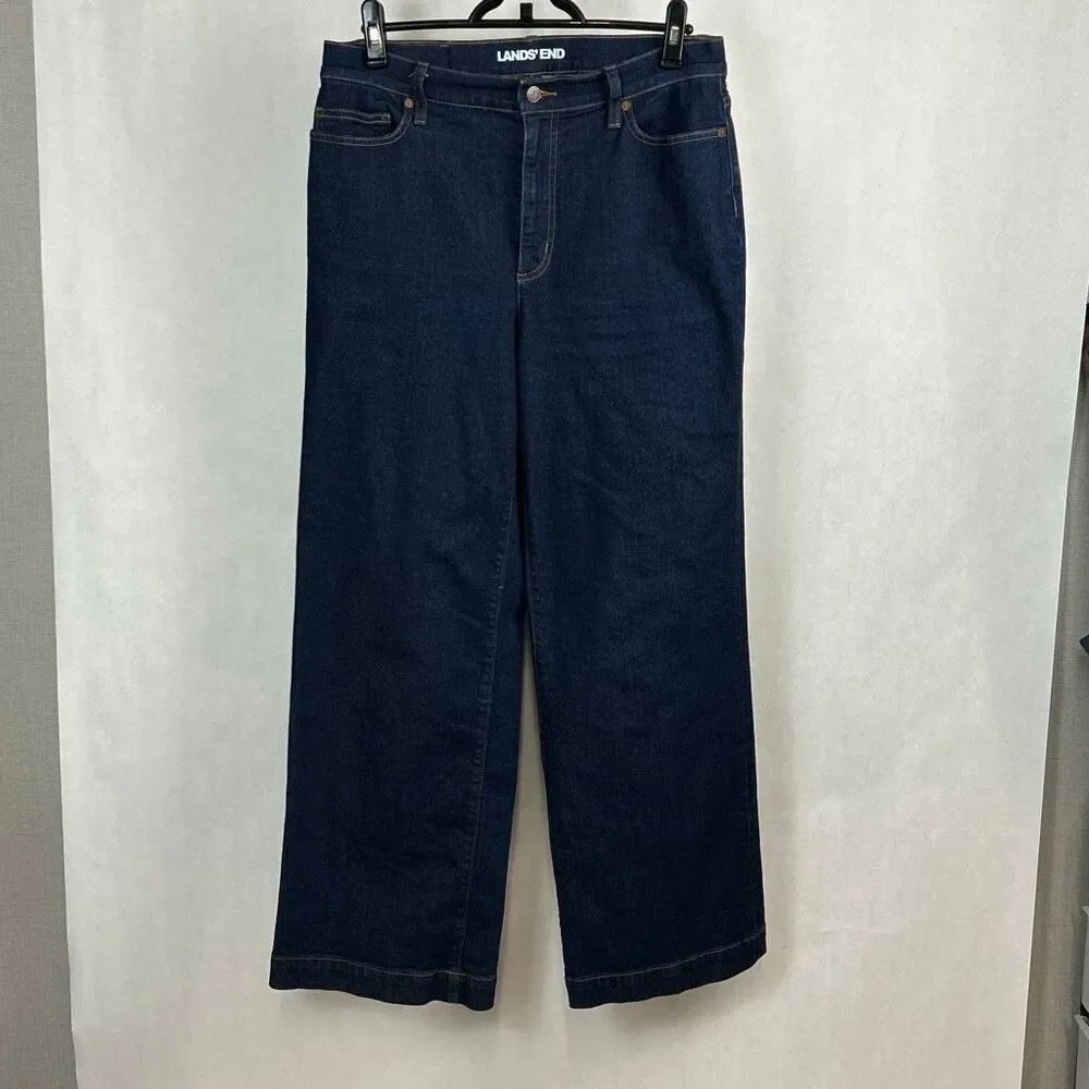 Lands' End Wide Leg Ankle Crop Denim Jeans Sz 14 High Rise 31" Inseam Dark Blue